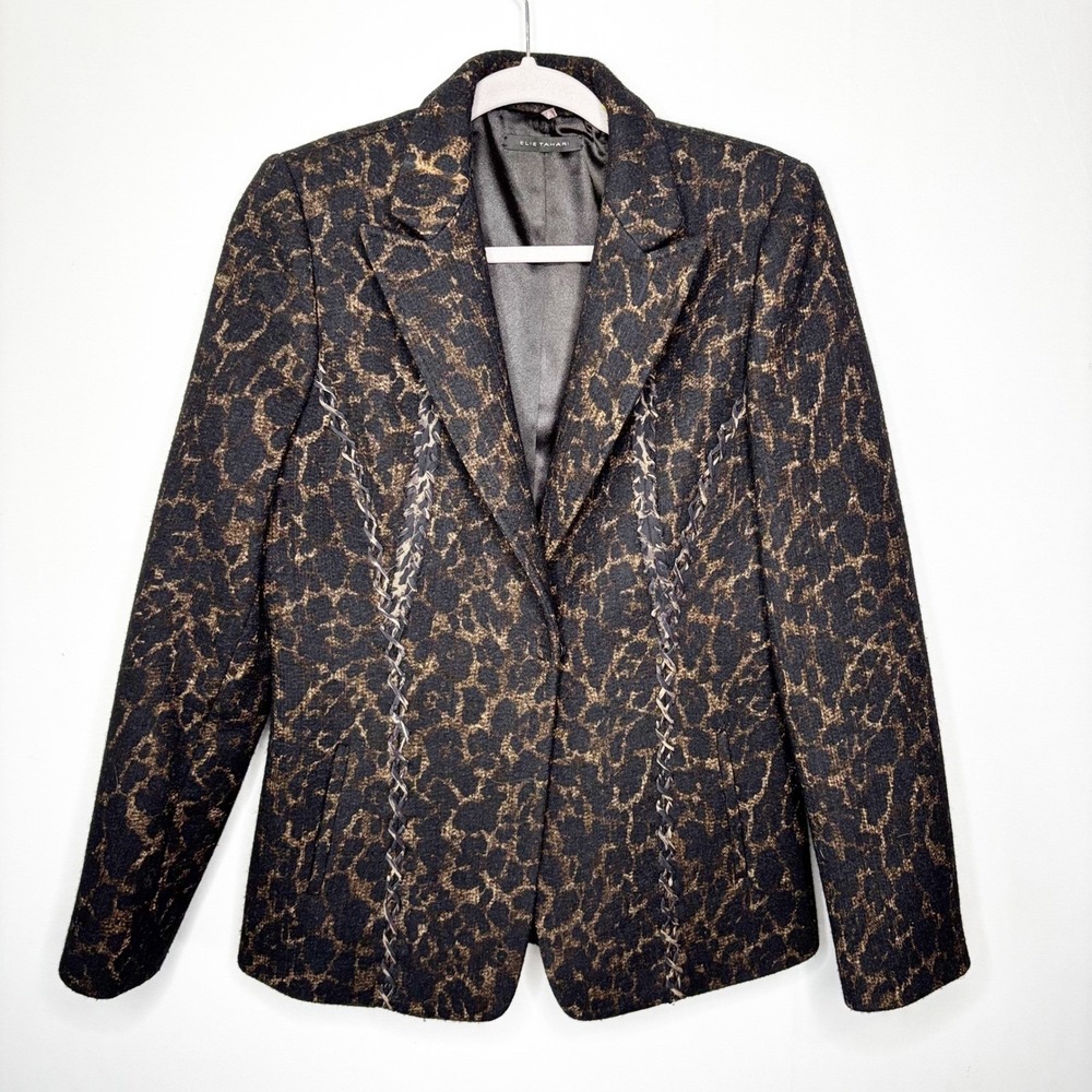 Elie Tahari Womens US 8 Leopard Animal‎ Print Blazer Metallic Braided Trim Black